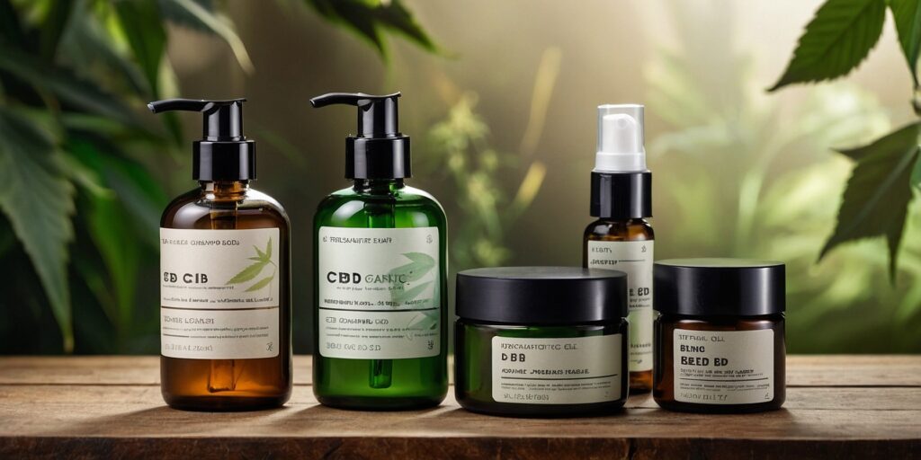 Une image illustrant les différentes formes de produits au CBD (huiles, gélules, cosmétiques) avec des exemples de marques spécifiques